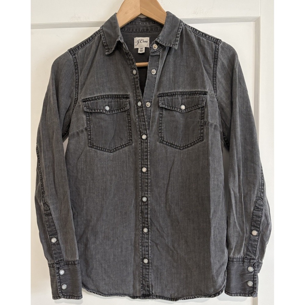 J. Crew Western Denim Shirt Women 00 Faded Black Pearl Snap Long Sleeve Charcoal